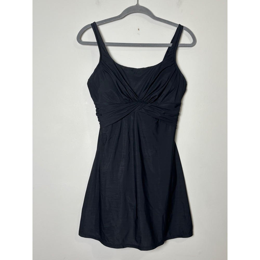 Lands' End One Piece Swim Dress 12L Black Twist Front Underwire Minimalist Retro